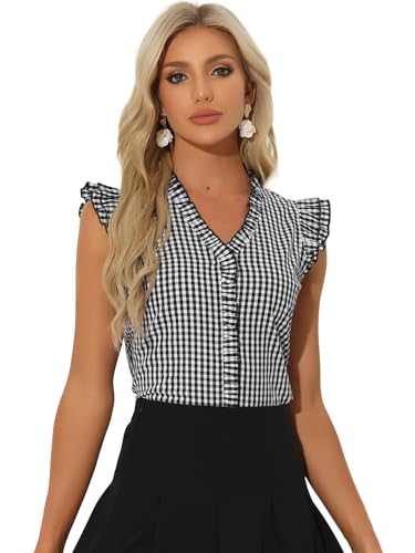 Blusas Vintage Mujer con Volantes – Camisa Años 50 de Cuadros, Cuello en V y Manga Casquillo