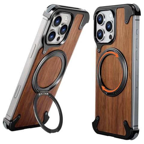 OATSBASF Magnetic Wood Case Compatible with 16 Pro Max 6.9", [Natural Wood & Aluminum] Shockproof Protective Cover Unique Wooden Case with 360° Ring Stand, Black Cover