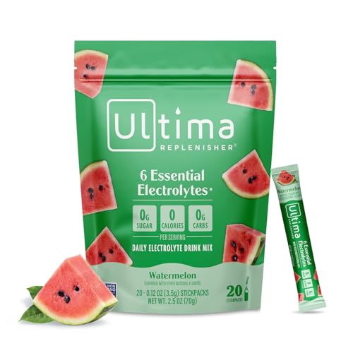 Image of Ultima Replenisher Daily Electrolyte Powder - Watermelon, 20 Stickpacks - Zero Sugar Hydration Packets with 6 Electrolytes and Minerals - Sugar Free, Plant Based & Keto Friendly Drink Mix
