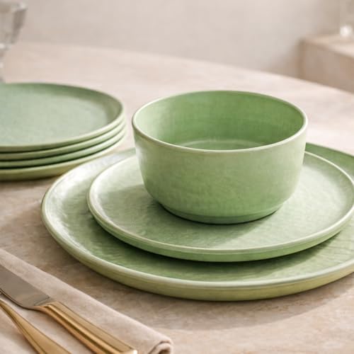 Image of MARKET 99 Green Hammered Melamine Dinner Set of 20 Pcs | 6 Full Plates, 6 Quarter Plates, 6 Soup Bowls & 2 Serving Bowls | Glossy Round Food Safe & Refrigerator Safe Dinnerware Set