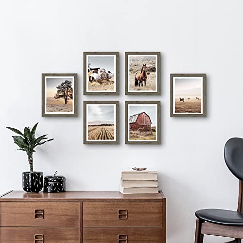 Bathroom Framed Wall Art Farmhouse: Living Room Bedroom Rustic Country Farm Tree Nature Picture Western Barn Landscape Print Brown Horse Truck Painting 6 Piece 8X10 Vertical Sunset Artwork #TOP2