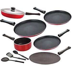 Nirlon Nonstick Aluminium Cookware Combo Set, Red- 9 Pieces | 2.6mm_FT13_FT12_CT_SPM_FT10_FP12_3SPN