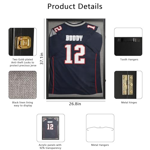 Image of IHEIPYE Large Jersey Frame Display Case Lockable, Sport Jersey Shadow Box with 98% UV Protection Acrylic and Hanger for Baseball Basketball Football Soccer Hockey Sport Shirt and Uniform, Linen Black