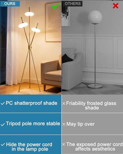 Image of Lightdot Tripod Floor Lamp Stepless Dimmable Gold Standing Tall Lamps with 3PCS Elliptical Lampshades Mid Century Modern Floor Lamps for Living Room /Bedroom /Sofa Beside /Corner Decor