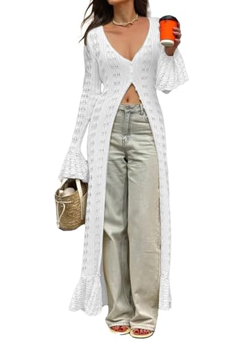 NRTHYE Cárdigan largo de ganchillo para mujer, con botones, de punto, hueco, elegante, vestido largo, 03Blanco, S