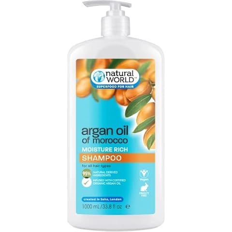 Natural World Argan Oil of Morocco Shampoo (1 Litre) - For all Hair Types. 95% Natural Derived Ingredients. Vegan Friendly & Cruelty Free. Free from Parabens, Phosphates, Phthalates, Dyes, Gluten Cover