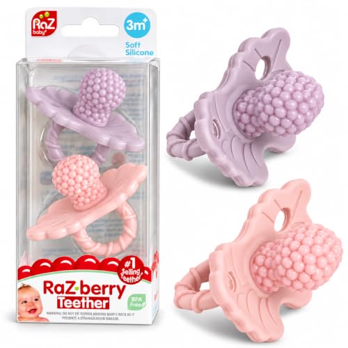 Image of RaZbaby RaZberry Silicone Teether Pacifier – Teething Relief for Infants, Food-Grade, Hands & BPA Free, Natural Berrybumps Fruit Texture for Sensory Development, Freezable, 2-Pack - Lavender & Pink
