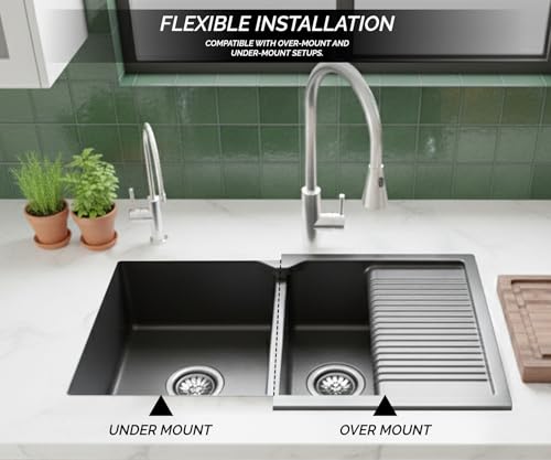 Image of EVANEX Quartz Sink for Kitchen|45x20x9 inch Double Bowl Kitchen Sink with Drain Board|Matt Finish|Black Quartz Kitchen Sink with Sink Connector, Waste Pipe, Coupling and Drain Basket