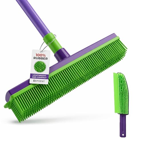 EPISENT Extendable Rubber Broom Pet Hair Remover Scratch Free Bristles for Carpets Rugs Hard Floors Indoor Outdoor Wet and Dry Use Sweeps Hair Lint Dirt Water Dust Spills Leaves Green Purple