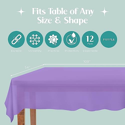 Mountclear 12-Pack Disposable Plastic Tablecloths - 54 X 108 Inch Size Table Cloth (Purple) #TOP1