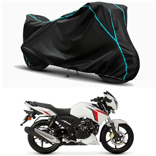 Image of Waterproof Bike Body Cover Compatible for | TVS Apache RTR 160 BS VI | Taffeta Fabric, Sky Piping Design, Bottom Elastic Fit | Dustproof, Sun UV & Rain Protection for All Weather.