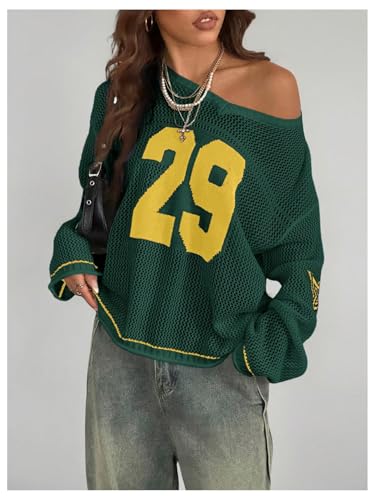 Verdusa Women's Y2k Clothes Going Out Tops Oversized Crochet Jersey Shirts Graphic V Neck Pullover Sweater Dark Green Large4