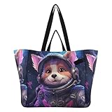 DDDIYEU Cooler Weltraum Kunst Hund Astronaut Wasserdichte Strandtasche,Reisetasche Einkaufstasche für Damen