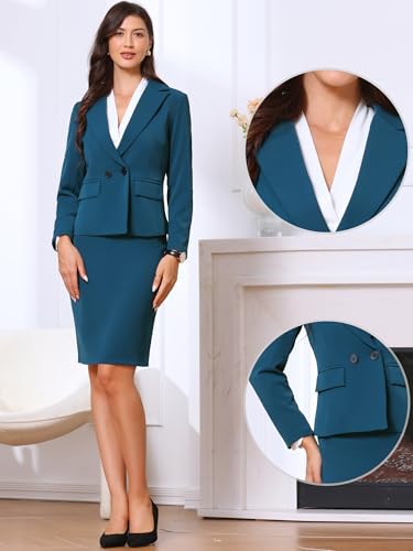 Allegra K 2 Piece Skirt Suit Set for Women's Business Double Breasted Blazer and Pencil Skirt Outfits2