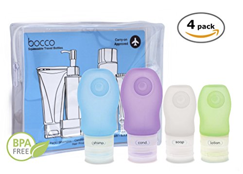 Bocco Leak Proof Squeezable Travel Bottles, TSA Approved Travel Accessories for Carry On Luggage - Perfect for Liquid Toiletries - 4 Pack (2 Small, 2 Medium) (Blue/Purple/Clear/Green)