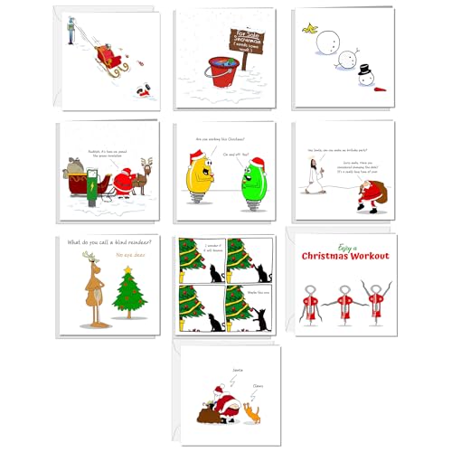 Christmas Cards Multipack - 10 Unique Funny Xmas Card Set - Santa Goes Green + 10 Unique Christmas Cards Pack - Seasonal Greetings with Fun Messages - Pack of Festive Cards for the Holiday Season