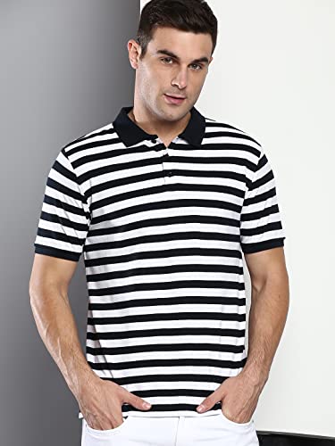 Image of Dennis Lingo Men's Casual Slim Fit Polo Neck T-Shirt, Half Sleeves Striped Pure Cotton Collar T-Shirt for Men