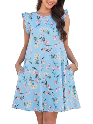 YVH Women's Summer Flutter Sleeve Floral Dress with Pockets Loose Fit Beach Cover Up Sundress, White and Pink Flowers Blue, Medium