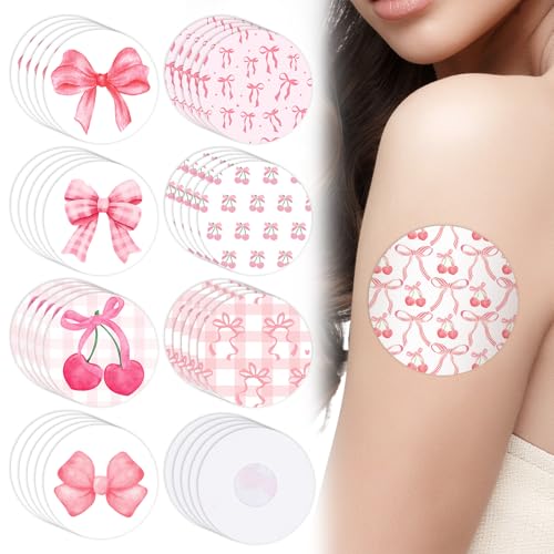 JarThenaAMCS 40 Pcs Pink Adhesive Patch NO Glue in The Center Sensor Cover Pre-Cut Bow Cherry Elastic Fabric for Continuous Glucose Monitor Fits Freestyle Libre 2 & 3