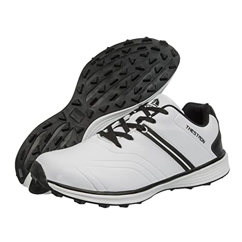 TUMAHE Waterproof Golf Shoes, Wide Fitting Leather Golf Trainers Anti-Slip Comfortable Spikeless Walking Sneakers,Black White,10 UK