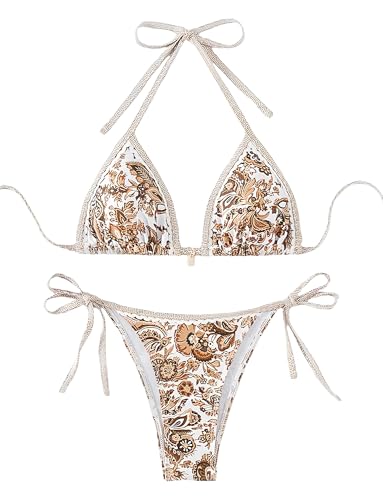 Happy Cherry Conjunto de bikini de 2 piezas para mujer, traje de baño con estampado de conchas, cintura baja, traje de baño, caqui, M
