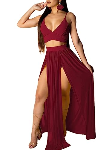 LYANER Women's 2 Piece Outfits Deep V Neck Spaghetti Strap Sleeveless Crop Top and High Side Split Cocktail Maxi Skirt3