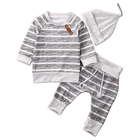 Newborn Toddler Baby Boys 3Pcs Outfit Striped Long Sleeve T Shirt Tops Trouser Leggings Hat Fall Spring Clothes Set Pajamas (Grey, 12-18 Months) Cover