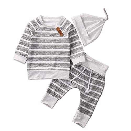 Ensemble de pyjama 3 pièces pour nouveau-né - T-shirt à manches longues - Pantalon - Leggings - Bonnet - Automne - Printemps - Gris - 18 mois Cover