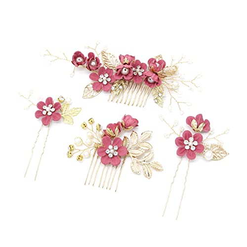 4 Pièces Peigne à Cheveux de Mariage Violet, Peigne de Mariée en épingle à Cheveux, Peigne à Cheveux de Mariage en Perles, pour Demoiselles D'honneur ou Demoiselles D'honneur(Rouge) Cover