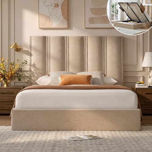 Queen Size Lift Up Storage Bed, Upholstered Platform Bed Frame with Storage Underneath, 51.6'' Tall Vertical Channel Tufted Headboard, Linen-Textured, Hydraulic Support, No Box Spring Needed, Beige