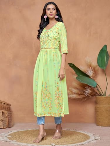 Image of EthnicJunction Women's Georgette Embroidered and Sequence Work Naira Cut Kurta and Dupatta Set