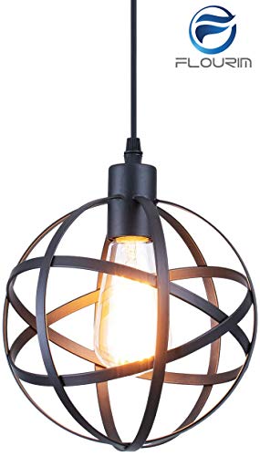 Industrial Metal Pendant Light, FLOURIM Spherical Rustic Chandelier Vintage Geometric Hanging Cage Globe