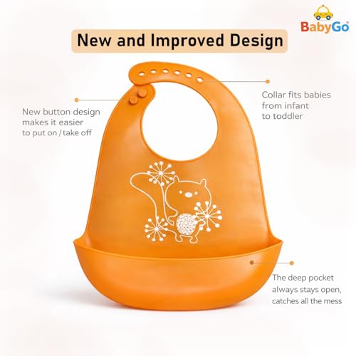 Image of BabyGo Silicone Baby Bib for Feeding & Weaning Infants & Toddlers |Waterproof, Washable & Reusable | Adjustable Neckline, Lightweight & Foldable Bib with Deep Food Catcher Pocket |Orange (Pack of 1)
