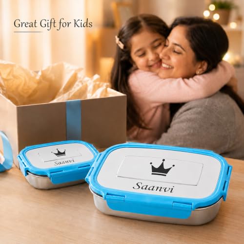 Image of SAVRI Personalized Stainless Steel Lunch Box with Your Child Name and Favourite Character Engraved on Tiffin Box. for Birthdays, Return Gift, Kids, Students, School Meal Box (Blue)
