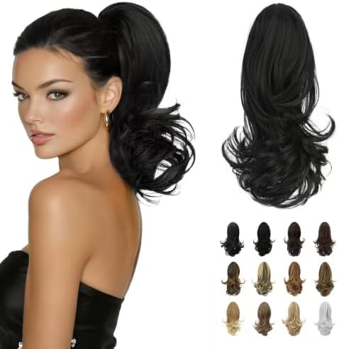 SOFEIYAN 13 Inch Ponytail Extension, Medium Length Wavy Claw Clip Pony Tails Hair Extensions, Lightweight, All-Day Comfort, Natural-Looking Synthetic Hairpiece for Women, Daily Work Use, Black