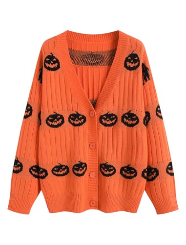 ZAFUL Womens Striped Cardigan Long Sleeve Button Up Open Front Knit Oversized Sweater (1-Pumpkin Pattern)