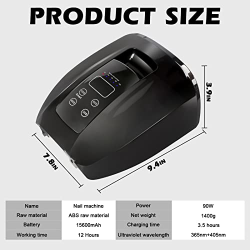 90W Professional Wireless Cordless Rechargeable Uv Led Nail Lamp,Nail Lamp Gel Nail Curing Dryer Light For Nails With 45 Beads,4 Timer Setting Lcd Display Nail Polish Machine (Black) #TOP5