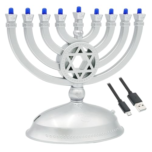 The Dreidel Company Electric Menorah Travel On The Go, LED Menorah, Batteries or USB Powered, Micro USB 4' Cable Included (Silver Matte)