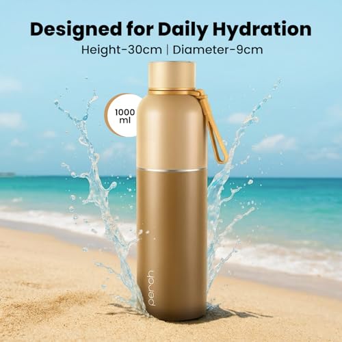 Image of Perch Water Bottle 1 LTR Stainless Steel | Crafted by Pexpo | Hot and Cold Flask | ISI Certified | Vacuum Insulated | Leak Proof Lid | for Office, School, Gym, Home & Travel | Zenith 1000ml | Brown