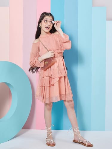 Image of Pspeaches Girl's Self Design Halter Neck Bell Sleeves Layered Ruffled A-Line Dress Orange Color Stylish & Trandy