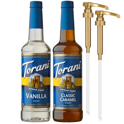 Image of Torani Sugar Free Vanilla Syrup and Sugar Free Classic Caramel Syrup Variety 2-Pack, Coffee Syrups for Drinks, Pumps Included, 25.4 Fl Oz Ea