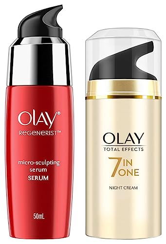 Image of Olay Night Cream Total Effects 7 in 1, Anti-Ageing Moisturiser, 50g & Serum Regenerist Microsculpting¬ Serum, 50 ml