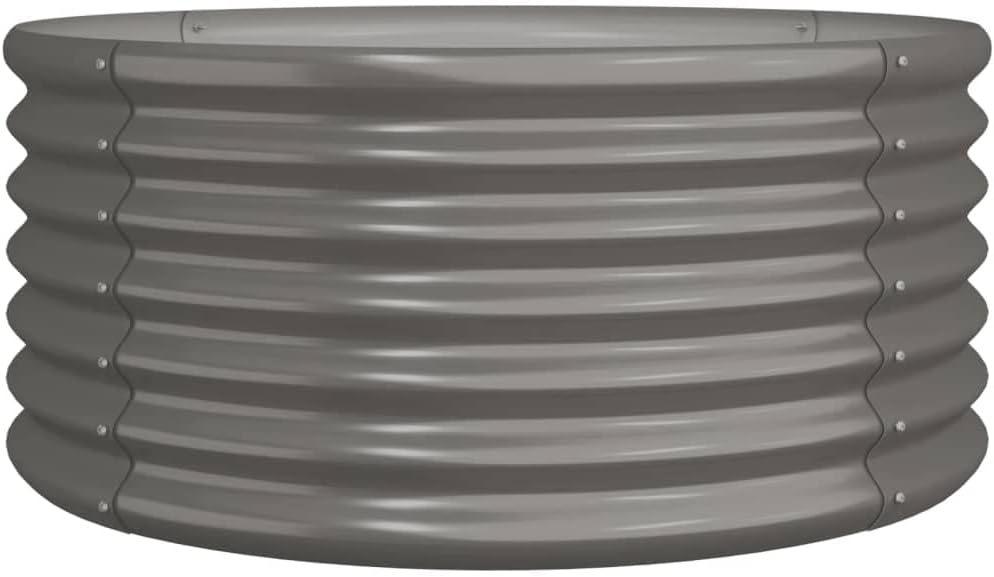 Large Round Grey Powder-Coated Steel Garden Planter 31.5 x 31.5 x 14.2 in, 61 Gallon Raised Bed for Outdoor Plants, Minimalist Patio Flower Box for Balcony, Terrace and Backyard