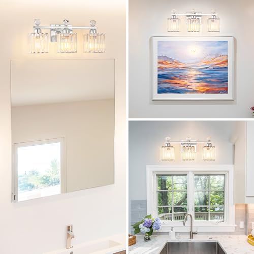 Image of Lxybcce 18.8 Inch Bathroom Vanity Light with Clear Crystal Shades, 3-Light Chrome Modern Fixture for Mirror, Easy Installation & Dimmable Lighting, Shadow-Free Illumination for Bathroom Mirror Decor