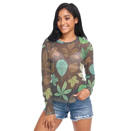 Various Foliage Plant Darkbrown See Through Tops for Women Mesh