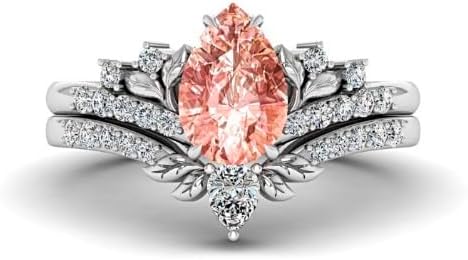 Rose Gold Pear Shaped Morganite Engagement Ring Women, Dainty Curved Anniversary Ring Set, Nature Inspired Leaf Anniversary Promise Ring Bridal Set