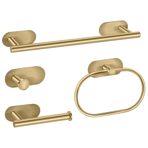 HOHOWU 4pcs Brushed Gold Self Adhesive Bathroom Hardware Accessories Set,Including 16 inch Towel Rack+Towel Ring+Robe Towel Hook+Toilet Paper Holder,SUS 304 Stainless Steel Towel Bar No Drilling