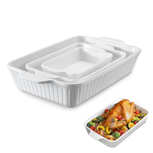 Ceramic Casserole Dish Set of 3 Deep Rectangular Baking Dish, Large Lasagna Pan Deep for Oven, Baking Pan with Handles, Oven Safe and Durable Bakeware for Lasagna, Gifts for Mother.