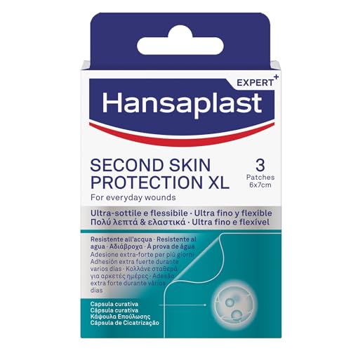 Hansaplast Second Skin Protection XL, Cerotti impermeabili per un'adesione fino a 72 ore, Cerotti cicatrizzanti con capsula curativa, Sottili e 2x più flessibili, 3 cerotti grandi da 6 x 7 cm
