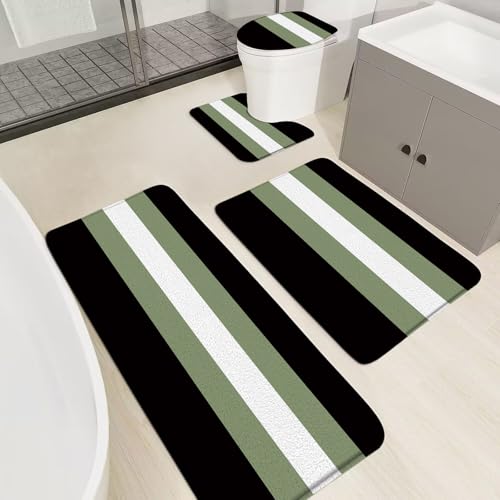 AMFD 4 Pieces Bathroom Rug Sets,Black Sage Green Modern Geometric